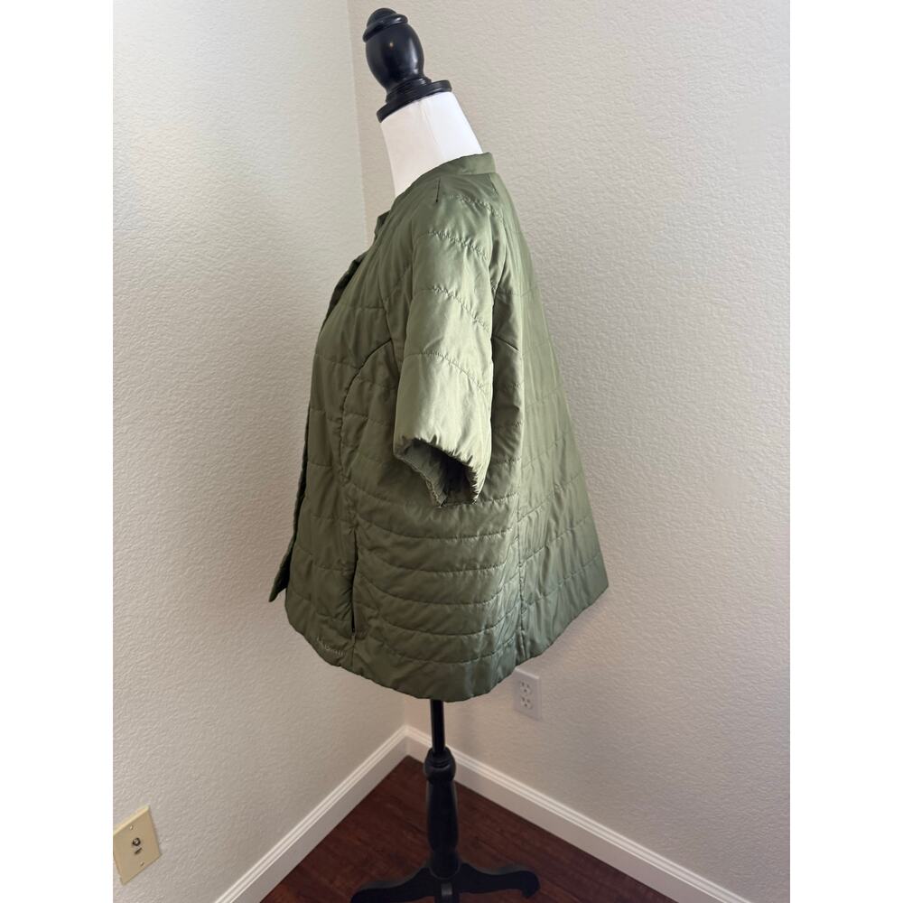 LL Bean Olive Green Collarless Short Sleeve Puffer Button Front Jacket XL Reg - Picture 3 of 11